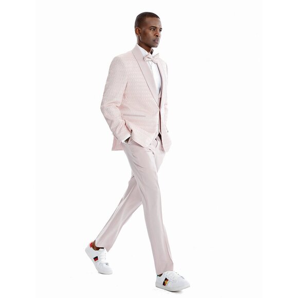 Round Honeycomb Textured 3pc Suit w/ Semi Double Breasted Vest, Pink - Picture 4 of 7